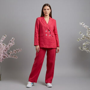 MANGO Double-Breasted Linen Cotton Suit Blazer Pants Set Red oversized Sz 1XL